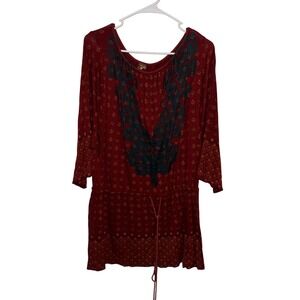Language Womens Boho Embroidered Tunic Top Burgundy Red Geometric 3/4 Sleeve M